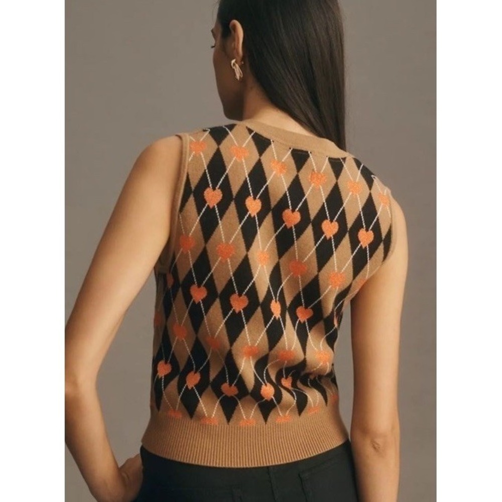Maeve by Anthropologie Jacquard Sweater Vest Plaid Metallic Heart Size Medium - Picture 3 of 12